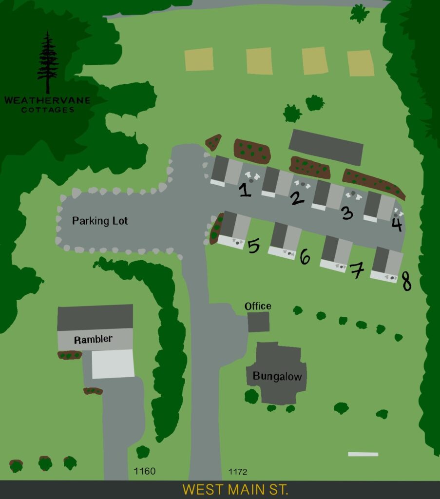 Daigram of WVC MAP showing the office, rambler, bungalow, parking lot, and cottages